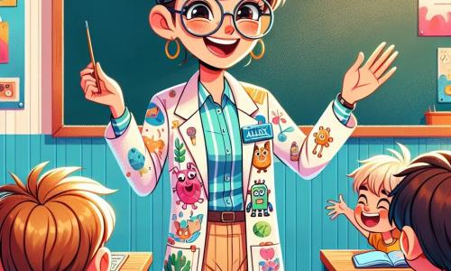 A teacher, Miss Emily Parker, stands in front of a blackboard, her face glowing with joy and enthusiasm. She has brown hair tied in a messy bun and wears a colorful blouse adorned with animal designs. Her eyes shine with excitement as she explains a class project to her students. Alex, a 9-year-old boy with messy brown hair and glasses, sits in the front row, raising his hand with a big smile, eager to ask a question. He wears a blue t-shirt with a robot pattern and beige pants. The scene takes place in a bright classroom filled with colorful posters on the walls, wooden desks, and a large window letting in sunlight, illuminating the children's faces. Miss Parker passionately explains the environmental protection project, while energetic Alex is ready to share his ideas. The other students, sitting at their desks, listen attentively, captivated by their teacher's enthusiasm.