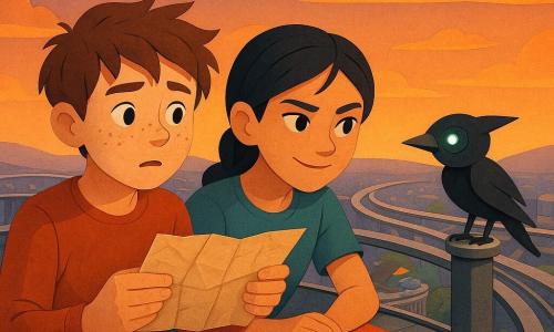 Twelve-year-old Milo, round-faced with freckles and messy brown hair, holds a crumpled paper map and looks toward the horizon with a curious, slightly worried expression; beside him stands twelve-year-old Inez, black hair in a braid, sharp determined eyes, leaning over the map with one hand on a picnic blanket edge and a confident half-smile. A small shiny black bird-shaped drone perches on a nearby metal post, its glowing lens casting a faint green light on the map. They stand on the Skyline Deck, a glass-and-metal platform at the edge of a rolling city—curved polished steel railings, orange-purple sunset sky, silver rails sweeping away, miniature rooftop gardens and mosaic solar panels below—holding a mysterious city-laid map on a magnetic picnic blanket as wind ruffles the pages, a tense, curious moment of decision.