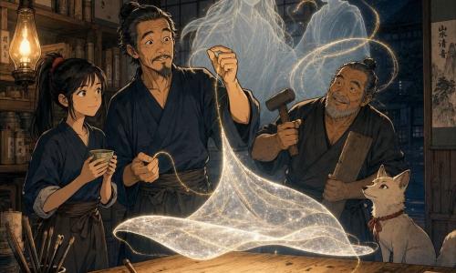 Haru, about 50, with a lined face and gentle eyes, stands by a long repaired wooden table holding a small shining thread toward a silver-luminous veil floating above the table; Miki, about 18, hair tied, sleeves rolled, holds a teacup to Haru’s left watching the glowing veil; Kenji, about 65, broad and callused, stands behind them with a hammer and board, smiling; a pale fox with a red ribbon sits by the workshop threshold observing; the Japanese workshop has dark wood and paper walls, shelves of painted scrolls, wooden and bamboo tools, warm oil lamps casting sharp shadows, and the table bears ink stains, brushes and a pot of glue while two translucent friendly spirits stand behind the veil beneath a starry night visible through the windows.