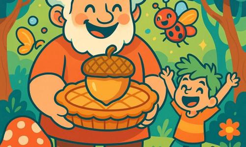 A kind giant named Gumble, with fluffy cloud-like hair and a warm smile, stands at the center of the scene holding a huge golden acorn pie. His eyes sparkle with joy and excitement. Next to him, Oliver, a ten-year-old boy with messy green hair and an oversized colorful t-shirt, jumps for joy with his arms raised to the sky. Lolly, a small ladybug with shiny wings and colorful bubbles floating around her, dances happily near Gumble, adding a touch of magic to the moment. The setting is an enchanted clearing in the Wobble-Wobble forest, where trees with dancing trunks and sparkling leaves create a fairy-tale atmosphere. Giant brightly colored mushrooms surround the group, and laughing flowers seem to applaud their celebration. The main scene shows Gumble proudly presenting the acorn pie while Oliver and Lolly eagerly prepare to enjoy this delightful creation, filled with excitement and happiness.