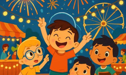 Há 4 crianças: - João: um menino de 5 anos, pequeno e sorridente, com cabelo castanho bagunçado e um chapéu azul na cabeça. Ele está no centro, levantando os braços com entusiasmo. - Lucas: um menino de 5 anos, curioso, com cabelo loiro e óculos redondos. Ele está à esquerda de João, apontando para um fogo de artifício no céu. - Tiago: um menino de 5 anos, com um grande sorriso e bochechas redondas, cabelo negro e roupa colorida. Ele está à direita de João, segurando um pedaço de bolo de chocolate. - Dudu: um menino de 5 anos, muito energético, com cabelo castanho e uma camiseta vermelha. Ele está um pouco atrás, pulando de alegria com os braços para cima. O local é uma grande praça animada, decorada com luzes piscantes e balões coloridos. Barracas de comida com luzes decorativas cercam o palco, e uma roda gigante iluminada brilha ao fundo. O céu está cheio de fogos de artifício brilhantes, criando um espetáculo de cores vibrantes. A cena principal mostra os quatro amigos celebrando o Ano Novo, rindo e se divertindo juntos sob os fogos de artifício, cercados por famílias alegres e decorações festivas.