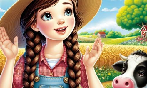 Una giovane agricoltrice, Arianna, con i capelli castani intrecciati e un grande cappello di paglia, si trova in mezzo a un campo verdeggiante, il viso illuminato da un sorriso curioso e meravigliato. Indossa una camicia a quadri rossi e jeans, e guarda con fascinazione verso un boschetto vicino da cui proviene un misterioso mormorio. Vicino a lei, un piccolo maialino rosa, vivace e gioioso, rovista nell'erba, aggiungendo vita alla scena. Più lontano, una vecchia mucca bianca e nera, pacifica e saggia, ruminando tranquillamente, osserva Arianna con occhi dolci. Il paesaggio è una fattoria in piena fioritura, con campi di grano dorato che ondeggiano al vento, fiori colorati che bordano il sentiero e un cielo blu brillante punteggiato di nuvole bianche e soffici. La scena principale mostra Arianna, intrigata dal rumore misterioso proveniente dal boschetto, pronta ad avventurarsi verso l'ignoto, con un'espressione di determinazione ed eccitazione sul volto.