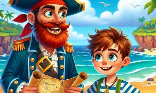 No primeiro plano, o personagem principal, o Capitão Nino, é um homem de meia-idade com barba ruiva e cabelos desgrenhados. Ele usa um chapéu de pirata adornado com uma pena colorida e um manto azul com botões dourados. Seu rosto expressa excitação e determinação enquanto segura um mapa do tesouro, observando o horizonte com um grande sorriso. Ao seu lado, Tico, um garoto de cerca de 8 anos, tem cabelos castanhos e olhos brilhantes de curiosidade. Ele veste uma camiseta listrada e um short, olhando o mapa com admiração, as mãos na cintura, pronto para a aventura. Ao fundo, vê-se a ilha de Léo, uma praia de areia dourada cercada por palmeiras verdes e rochas íngremes. O céu é azul com algumas nuvens brancas, e ondas suaves se quebram na costa. A cena principal mostra Nino e Tico, de pé na praia, examinando o mapa do tesouro, prontos para embarcar em uma nova aventura em busca do tesouro escondido.