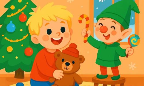 A cheerful 2-year-old boy with messy blonde hair and rosy cheeks smiles while holding his teddy bear, Teddy, who wears a small red hat. The boy sits on a fluffy rug surrounded by colorful toys, his eyes shining with excitement. Next to him, a mischievous elf with a pointed green hat and a sparkling red nose makes funny faces while waving colorful candies. The elf stands on a small wooden chair, adding a touch of magic to the scene. The room is decorated for Christmas, with twinkling garlands, a tree filled with shiny ornaments, and snowflakes gently falling outside the window. In this joyful scene, the boy and the elf share a moment of laughter, surrounded by treats and magic, as the playful elf prepares a fun surprise for his friend.