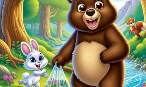 Um grande urso pardo, chamado Bruno, está à beira de um riacho cintilante, com um olhar determinado e alegre em seu rosto. Ele tem um pelo macio e sedoso e segura um grande saco plástico cheio de lixo que acabou de recolher. Ao seu lado, uma pequena coelha branca chamada Lili, com grandes olhos brilhantes, salta alegremente segurando um pedaço de papel colorido em suas patas. Ela sorri, cheia de entusiasmo, pronta para ajudar seu amigo. Um esquilo travesso, Tico, sobe em um galho de árvore, suas pequenas patas ágeis se agarrando à casca, e olha para Bruno com admiração, sua cauda peluda balançando atrás dele. O cenário é uma floresta verdejante, com árvores majestosas e folhas brilhantes, flores coloridas espalhadas pelo chão e um riacho límpido serpenteando pela paisagem. A luz do sol filtra através dos galhos, criando reflexos dourados na água. A situação principal mostra Bruno e seus amigos limpando o riacho, enchendo seus sacos de lixo para salvar sua bela floresta. Eles trabalham juntos com entusiasmo, mostrando a importância de cuidar da natureza.