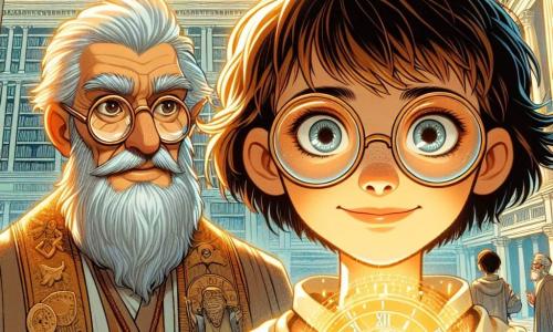An 11-year-old girl, Clara, stands at the center of the image with short, tousled hair and large round glasses that highlight her curious gaze. She has an expression of excitement mixed with apprehension, holding a mysterious letter in her hands, surrounded by a golden glow. Beside her, an elderly man, the Timekeeper, has a long silver beard and sparkling wise eyes. He wears a robe adorned with clockwork patterns and watches Clara with a benevolent smile, ready to accompany her on her adventure. In the background, the Great Library of Alexandria stands majestically, with its imposing columns and shelves overflowing with papyrus scrolls. The sky is a bright blue, and the atmosphere is vibrant with life, as scholars discuss and children play in the bustling streets. The scene depicts Clara and the Timekeeper preparing to prevent an imminent fire in the library, as flames begin to lick the walls, creating a dramatic contrast with the beauty of the place.