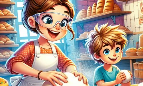 Eine junge Frau, Emma, lächelnd und enthusiastisch, mit braunen Haaren zu einem Dutt gebunden, trägt eine weiße Schürze und Schutzbrille auf der Stirn. Sie knetet gerade einen Brotteig auf einem großen Holztisch, ihre Hände sind voller Mehl und ihr Gesicht strahlt Freude aus. Neben ihr beobachtet ein kleiner Junge namens Tim, etwa 7 Jahre alt, mit zerzausten blonden Haaren und einem blauen T-Shirt, mit weit aufgerissenen Augen und hält ein kleines Stück Teig in seinen Händen. Die Szene spielt sich in einer charmanten Bäckerei mit roten Ziegelwänden, Holzregalen voller goldener Brote und bunten Gebäckstücken ab, und ein großes Fenster lässt das Morgenlicht herein. Emma und Tim haben Spaß daran, runde Brötchen zu formen, umgeben von einer Wolke aus Mehl, während ein süßer Duft von frischem Brot die Bäckerei erfüllt.