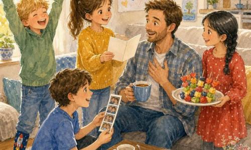 Fünf Personen in einem hellen Wohnküchenraum am Morgen: der Vater, etwa 35, kurz brünett, leichter Bart, lässiges kariertes Hemd, sitzt auf dem Sofa rechts mittig, überrascht und gerührt, hält eine Tasse Tee; links vor ihm steht die zehnjährige Mila mit braunen Pferdeschwanz, lebhaften Augen und senfgelbem Pullover und hält ihm eine geöffnete Karte; links von ihr der neunjährige Leo mit zerzaustem blondem Haar, Raketensocken und schelmischem Gesichtsausdruck, die Arme jubelnd erhoben; rechts vom Vater die neunjährige Aylin mit glattem schwarzem Zopf und rotem Kleid mit weißen Punkten, sie trägt ein Tablett mit bunten Obstspießen; vor dem Couchtisch hockt der elfjährige Ben mit welligem braunem Haar und blauem T‑Shirt, ernst und sanft, und zeigt dem Vater einen Fotostreifen mit vier kleinen Bildern. Szene: überraschender, zärtlicher Moment, die Kinder servieren ein improvisiertes Frühstück — im Vordergrund ein herzförmiger Pfannkuchen auf einem Tablett — plus Fotos, warme Lächeln, pastellige Aquarellfarben, zarte Papier‑ und Stofftexturen, goldenes Morgenlicht von links durch ein Fenster, einfache weiße Keramik, heller Holztisch, weicher grauer Teppich, Kinderposter an der Wand und eine Topfpflanze auf der Fensterbank; feine weiße Gelstiftreflexe auf Augen, Tasse und Früchten.