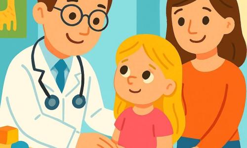 Mężczyzna lekarz, doktor Marek, uśmiechnięty i życzliwy, nosi jasną białą odzież i stetoskop na szyi. Ma brązowe włosy i okrągłe okulary, delikatnie dotyka brzucha małej dziewczynki. Obok niego stoi 6-letnia Zosia z długimi blond włosami w różowej sukience, patrzy na doktora z mieszanką niepokoju i nadziei. W rogu młoda kobieta, mama Zosi, ma około 30 lat, brązowe włosy i uspokajający uśmiech, trzyma rękę córki i uważnie obserwuje scenę. Akcja rozgrywa się w jasnym gabinecie lekarskim z pastelowoniebieskimi ścianami, kolorowymi plakatami zwierząt i zabawkami rozsianymi po stole. Doktor Marek delikatnie bada brzuch Zosi, a dziewczynka zaczyna się uśmiechać, czując się coraz bardziej komfortowo w tym ciepłym i przyjaznym otoczeniu.