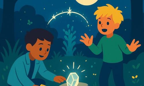 Hay dos niños: Mateo, de 8 años, pelo castaño corto, chaqueta azul claro y libreta en la mano, arrodillado junto a una gran piedra brillante, tendiendo la mano hacia un trozo de espejo luminoso sobre la roca (izquierda); Lucas, de 8 años, pelo rubio revuelto y sudadera verde, de pie detrás de Mateo con las manos abiertas y expresión maravillada, mirando las luces que bailan sobre el espejo (derecha). Lugar: un claro nocturno en un prado con hierba alta, flores silvestres, dos viejas rocas y dos robles que enmarcan la apertura; suelo con reflejos plateados de luna, pequeñas luciérnagas azul y verde en coronas luminosas, cielo índigo profundo y luna grande y pálida sobre los árboles. Situación: los dos niños reparan un espejo roto sobre una roca en el centro del claro; hilos de luz plateada cosen la fisura y, detrás, una figura de luz vegetal del tamaño de un arbusto los observa con calma; atmósfera misteriosa y contraste fuerte entre sombras azul oscuro y toques brillantes plateados y verdes, composición clara y legible para un cartel infantil.