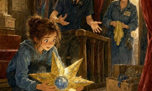 Mila, 12 jaar, geconcentreerd gezicht en fonkelende ogen, hurkt in een houten loge en houdt voorzichtig een grote gouden ster met blauwe glitters vast, handen om de ster, nieuwsgierige en trotse blik; Jelle, ongeveer 16, eenvoudige kostuum en regieheadset om de nek, staat ernaast achter een lage reling, verbaasde blik en handen open alsof hij uitlegt, iets groter dan Mila; mevrouw Kaat, ongeveer 50, in portierskleding met een sleutelbos die hangt, staat in de opening van de loge met opgeheven wenkbrauwen en een citroengeel doek in de hand; de achter-scène is warm en textuurrijk met versleten houten banken, half gesloten donkerrood gordijn, rekwisietkisten, enkele podiumlinten en sporen van blauwe glitters op de vloer; de hoofdscène toont de vondst van de verloren ster: zacht projecteurlicht weerspiegelt in een klein spiegelstukje van de ster, aquarelgotovlekken en een sfeer van vriendelijk mysterie en kinderlijk succes.