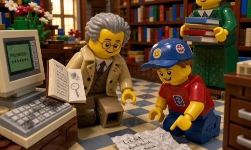 Een glimlachende, geconcentreerde mannelijke detective in de vijftig met ronde bril en lange beige jas, knielend bij een computer met een open notitieboek in zijn rechterhand terwijl hij naar vingerafdrukken op het toetsenbord kijkt; naast hem een verlegen maar opgeluchte jongen van ongeveer 8 jaar met blauwe pet en rood T‑shirt die naar een gekreukte lijst op de grond wijst; achter hen een vriendelijke vrouwelijke bibliothecaresse van rond de 40 in een groene jurk met opgestoken kastanjebruin haar en een stapel boeken bij hoge LEGO‑boekenkasten; grote LEGO‑bibliotheekruimte met kleurrijke boeken, rijen computers met lege schermen, lichtgekleurde dambordvloer en warme raamverlichting; scène van ontdekking en oplossing, rustige optimistische sfeer, levendige kleuren en zichtbare baksteentexturen in diorama‑stijl met zacht warm licht.