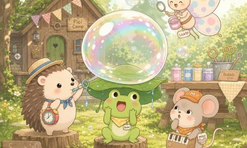 Un piccolo riccio di nome Pici, sorridente e gioioso, porta una sveglia colorata legata alla zampa e soffia delicatamente una enorme bolla di sapone traslucida dai riflessi arcobaleno; una rana chiamata Bubu, maliziosa e ridente, con un grande cappello di foglia verde al centro è sorpresa e felice con la bolla come una piccola «pianeta» sul cappello; una topolina di nome Miso, curiosa e un po' imbarazzata, tiene vicino al gruppo un mini pianoforte di cartone seduta accovacciata su un cuscino di muschio e guarda la bolla stupita; una grande farfalla Lila, leggera e allegra, con ali a pois colorati batte le ali per aiutare a formare le bolle, planando sopra gli amici; ambientazione: campeggio estivo in una radura con tronchi come sedili, tappeto di muschio verde, una vecchia casetta di legno e un tavolo da picnic con barattoli di sapone; luce morbida di un pomeriggio soleggiato; situazione: festa gioiosa e un po' caotica di bolle giganti, spruzzi d'acqua, sorrisi e accessori improbabili, atmosfera colorata, coccolosa e divertente.