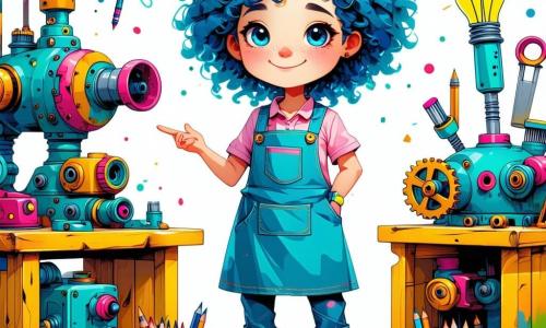 Clara, uma inventora com cabelos azul vibrante e sorriso radiante, está em seu ateliê colorido, cercada por engrenagens e máquinas estranhas. Ela usa um avental cheio de lápis e ferramentas, e seu olhar entusiasmado revela sua empolgação ao explicar uma ideia para um grupo de crianças. Sofia, uma menina de cabelos cacheados e olhos brilhantes, está sentada no chão, desenhando com lápis de cor em um grande papel, seu rosto iluminado pela excitação. Lucas, um garoto de 10 anos com grandes óculos e uma camiseta estampada, está ao lado dela, segurando um modelo de carro de papelão, com um olhar concentrado. O ateliê é mágico, cheio de luz, com paredes pintadas em cores vivas, estantes repletas de livros e protótipos, e janelas que deixam entrar o sol, iluminando as criações de Clara. A cena principal mostra Clara e as crianças em uma sessão de brainstorming, compartilhando ideias e desenhando invenções, sonhando em mudar o mundo com sua imaginação.