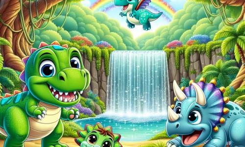 A Tyrannosaurus Rex named Tiny, with shiny green scales and a big friendly smile, stands by a beautiful waterfall, his eyes sparkling with excitement. Next to him, a small Stegosaurus named Spike, with rainbow-colored plates on his back, jumps for joy, his eyes wide with happiness. A little further away, a Triceratops named Tess, with her three horns and a gentle expression, smiles at them while sitting on a flat rock near the water. The setting is a lush jungle filled with large ferns, vibrant flowers, and tall, gnarled trees, while the waterfall sparkles in the sun, creating a rainbow in the air. The main scene shows Tiny, Spike, and Tess together, discovering their magical new place, ready to have fun and explore their new home.