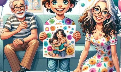 Un ragazzo di 9 anni, con capelli castani e occhi brillanti di gioia, si trova al centro della scena, con un grande sorriso che illumina il suo volto. Indossa una maglietta colorata con un motivo floreale e un pantaloncino di jeans, tenendo un disegno fatto a mano che rappresenta la sua famiglia, con colori vivaci e tratti infantili. Accanto a lui, sua madre, una donna sulla trentina con capelli lunghi e ricci, indossa un vestito leggero a fiori e ha gli occhi brillanti di sorpresa ed emozione. Si sta accovacciando per ammirare il disegno che le porge il figlio, il suo volto radioso di felicità. Sullo sfondo, i nonni del ragazzo, il nonno con una barba grigia e occhiali, e la nonna con capelli argentati, sorridono calorosamente, seduti su un divano decorato con cuscini colorati, circondati da palloncini e festoni. La scena si svolge in un soggiorno luminoso, pieno di decorazioni festive, con palloncini colorati che fluttuano dal soffitto e un tavolo adornato con una bella tovaglia a motivi floreali, su cui troneggia una deliziosa torta di compleanno. La situazione principale mostra il momento magico in cui il ragazzo rivela il suo regalo alla mamma per la festa della mamma, creando un'atmosfera di gioia, amore e complicità familiare.