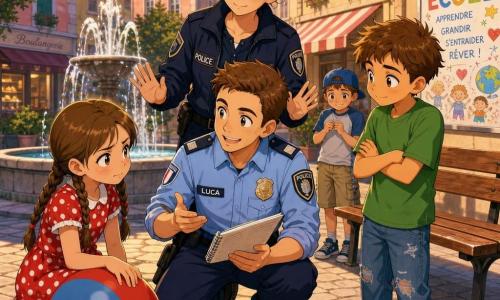 Un uomo, Luca, giovane e sorridente, capelli castani corti, uniforme da poliziotto azzurro chiaro con distintivo, in ginocchio parla con i bambini tenendo un piccolo taccuino aperto; una donna, l’agente Marta, circa 35 anni, capelli castani raccolti in uno chignon, giacca blu scuro, sguardo calmo e sorriso rassicurante, sta in piedi dietro Luca con le mani aperte in gesto pacificante; una bambina di circa 9 anni con trecce e vestito rosso a pois bianchi, inizialmente contrariata ma rasserenata, tiene una mano su un grande pallone rosso e blu a sinistra di Luca; un ragazzo di circa 10 anni con maglietta verde e jeans consumati, braccia incrociate ma volto curioso, è a destra di Luca leggermente indietro; un altro ragazzo di circa 8 anni, piccolo con cappellino blu e volto timido ma sorridente, è vicino a una panchina sullo sfondo giocando con le mani; luogo: piccola piazza lastricata con fontana centrale a getti, panchine in legno, palazzi colorati dalle facciate pastello e grande manifesto scolastico su un muro, luce dolce di fine pomeriggio con ombre lunghe; situazione: mediazione pacifica dopo una lite per un pallone, tutti riuniti attorno al pallone al centro in un’atmosfera calda e riconciliatrice, colori vivaci, tratti rotondi ed espressivi, stile manga infantile, composizione incentrata sui volti e sul pallone.