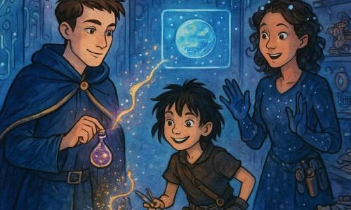 A confident, awed young man, Lyron, with short brown hair and a midnight-blue gold-threaded cloak, holds a small crystal vial glowing purple and gold before a floating terminal; beside him a tomboyish, mischievous 10-year-old girl, Mira, with messy black hair and a tool belt of gadgets, smiles as she points a silver welding wand at a cracked sigil disk on the terminal; a woman in her 30s, Tessa, with hair threaded with glowing pins and glittering gloves, stands slightly back with hands raised in admiration near a worktable of mechanical parts. The scene is a space workshop corridor with polished metal walls inset with glowing circuits, floating colored glass lanterns, shelves of amulets and tiny mechanical dragons, and a crystal floor reflecting blue and violet nebulae. The vial releases bright filaments that coil toward the cracked sigil, the light repairing it and activating the terminal to project a holo-image of a planet, blending technological and fae elements with vivid colors and high-contrast luminous washes.
