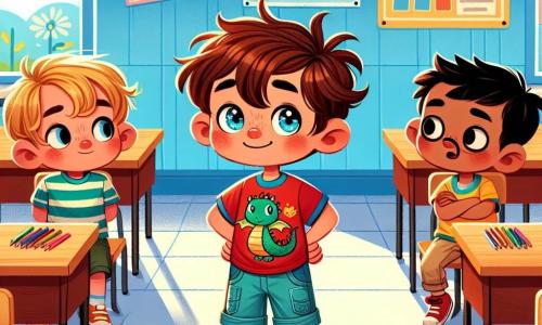 Em uma sala de aula colorida, vemos três personagens principais: Pedro, um garoto de 3 anos com cabelos castanhos bagunçados e olhos travessos, usando uma camiseta vermelha com um dragão e um short azul, está no centro com uma expressão um pouco culpada; João, também de 3 anos, com cabelos loiros e olhos azuis, vestido com uma camisa listrada verde e calças bege, está à esquerda de Pedro, de braços cruzados e com um sorriso curioso; Miguel, outro garoto de 3 anos com cabelos negros e olhos marrons, usa uma camiseta amarela e um short vermelho, está à direita de Pedro, com as mãos nos joelhos, parecendo intrigado. A sala é iluminada, com paredes azuis claras, cartazes coloridos sobre honestidade e amizade, e janelas que deixam entrar luz do sol. A cena mostra Pedro confessando a seus amigos que mentiu sobre ter um dragão, com uma expressão sincera, enquanto João e Miguel o escutam surpresos, mas compreensivos, ilustrando a importância da verdade e da amizade.