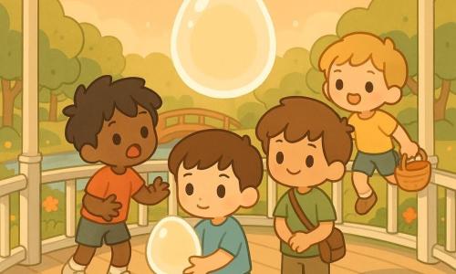 Quatro meninos de cerca de 12 anos: um de cabelos castanhos curtos, camiseta azul-claro e calça cáqui segura delicadamente um grande ovo translúcido leitinho no centro do coreto; à esquerda, um de cabelos pretos desgrenhados e camiseta vermelha tenta apanhar o ovo pulando, expressão surpresa e divertida; à direita, um de cabelos castanhos e camiseta verde com bolsa a tiracolo observa com sorriso tímido e mãos cruzadas; atrás, um loiro de camiseta amarela segura uma pequena cesta de vime, pronto para correr, todos formando um semicírculo respeitoso; cenário: coreto redondo de madeira branco e verde com piso claro, colunas finas, fitas coloridas e sinos pequenos pendendo, luz suave de fim de tarde, flores e tulipas ao redor e um pequeno parque com riacho e ponte ao fundo; situação: ovo translúcido levita no centro com leve halo creme, atmosfera alegre e mágica, visual simples em cores pastéis saturadas, traços arredondados e expressões kawaii, composição centrada no ovo e nos rostos maravilhados.