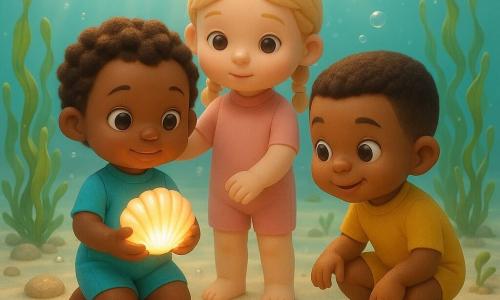 Drie kinderen van 4 jaar onder water: Mila (kort bruin krullend haar, ronde bruine ogen) in een turquoise korte duikpak houdt een glanzende schelp in het zand links van het midden; Noor (blond met twee vlechten, kalm) in een lichtroze duikpak staat in het midden met hand op Mila’s schouder en beschermende blik; Sem (zwart haar, nieuwsgierige glimlach) in een mosterdgele duikpak hurkt rechts om een klein schooltje blauwe en gele vissen te bekijken. De omgeving is een ondiepe, heldere turquoise zee met zonnestralen op licht zand, wiegende groene algen, ronde rotsen met schelpen en opstijgende belletjes. De schelp straalt warme gloed uit, kleurrijke vissen zwemmen rond, sfeer lief, nieuwsgierig en veilig; stijl: schattige 3D-beeldjes, gladde lichte texturen en zachte vriendelijke gezichten.