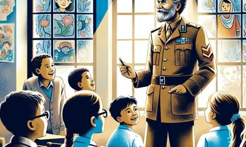 Un bărbat în vârstă, cu fața marcată de timp și amintiri, stă în picioare în fața unei clase de copii. Poartă o uniformă militară decolorată, simbol al trecutului său, iar ochii îi strălucesc de emoție în timp ce împărtășește povești despre pace. Lângă el, o fetiță cu părul creț, de aproximativ 8 ani, îl ascultă cu atenție, având ochii mari, ținând un carnet în mâini, pregătită să noteze cuvintele lui. Un băiat mai înalt, de aproximativ 10 ani, cu ochelari și un zâmbet curios, stă puțin în spate, ridicând mâna pentru a pune o întrebare, cu fața luminată de entuziasm. Scena se desfășoară într-o clasă luminoasă, cu pereți decorați cu desene ale copiilor pe tema păcii și prieteniei. Ferontele lasă să intre lumina soarelui, iluminând fețele copiilor și creând o atmosferă caldă și primitoare. Situația principală arată bărbatul împărtășind lecții valoroase despre importanța păcii și solidarității, în timp ce copiii, captivați, se implică activ în discuție, ilustrând speranța unui viitor mai bun.