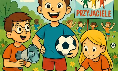 Dwunastoletni chłopiec, Kacper, stoi w centrum obrazu z szerokim uśmiechem i błyszczącymi oczami pełnymi entuzjazmu. Ma rozczochrane brązowe włosy i nosi niebieską koszulkę oraz czerwone szorty, trzymając piłkę nożną pod pachą. Po jego prawej stronie Maja, dwunastoletnia dziewczynka z długimi blond włosami, rysuje kolorowe plakaty na dużym arkuszu papieru, a wokół niej leżą kredki. Po lewej stronie Tomek, dwunastoletni chłopiec w okularach i z kasztanowymi włosami, z podziwem przygląda się plakatom, trzymając w rękach megafon. Scena rozgrywa się na słonecznym boisku sportowym, otoczonym zielonymi drzewami i kolorowymi kwiatami, z uczniami zgromadzonymi wokół, śmiejącymi się i bawiącymi. W tle widać duży baner z napisami takimi jak "Równość" i "Przyjaciele" napisanymi kolorowymi literami. Główna scena pokazuje Kacpra i jego przyjaciół organizujących radosne wydarzenie sportowe, gdzie wszystkie dzieci, dziewczynki i chłopcy, bawią się razem, grając w piłkę nożną i świętując przyjaźń oraz równość.