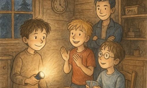 Vier Jungen: Leo (ca. 9) mit zerzausten braunen Haaren steht links bei einer Kommode und hält eine kleine eingeschaltete Taschenlampe, Moritz (ca. 9, blond) rechts an einem Tisch legt die Hand auf Finns Schulter und klatscht leise, Finn (ca. 9, brünett, rundbrillentragend) sitzt mittig mit einem Kartenpaket und blickt beruhigt zum Licht, Ben (ca. 10, kurzschwarz) steht hinten am Tisch mit verschränkten Armen und lächelt dankbar; Innenraum eines alten Holchalets am Abend mit warmen Holzbohlen, links ein großes Fenster zu dunklen Kiefern, ein rustikaler Tisch mit Tellern und einer kleinen ausgeschalteten Lampe, eine Wanduhr, ein Regal mit Spielschachtel und eine offene Kommode mit Taschenlampe; Stromausfall, Leo hat gerade die Taschenlampe eingeschaltet, ein warmer Lichtkegel beleuchtet die Gruppe, intime, tröstliche Stimmung, feine Bleistiftlinien und Aquarelltöne für Schatten und warmes Licht.