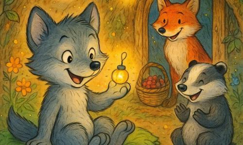 The main character is a playful, plush gray-furred wolf with sparkling eyes and a mischievous smile, holding a glowing firefly like a tiny lamp; Fergus the red fox stands by the burrow entrance with a basket of berries, sharing a knowing look with the wolf; Benny the stocky black-and-white badger, curious-nosed, sits on a nearby stump, smiling and applauding; the cozy burrow is lined with leaves and fragrant flowers, a soft green leaf cushion, floating firefly lights, wooden beams and mossy walls; the scene is a warm, gentle bedtime moment as the wolf lights the night with the firefly, everyone laughs softly, warm light and colorful sparkles creating a joyful, cozy atmosphere.