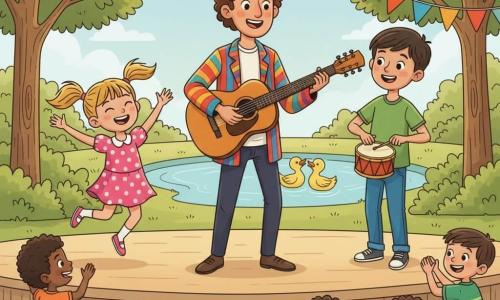 A warm smiling musician with curly brown hair and a colorful striped jacket plays a shiny wooden guitar looking at the audience; to his left Lily, about 8, with blonde pigtails and a pink polka-dot dress jumps and sings, to his right Max, about 9, tall in a green tee and jeans, taps a small drum; diverse children in front applaud and dance with amazed faces, and in the background a light-blue lake with two yellow ducks bobbing amid a bright afternoon park with green lawn, leafy trees and multicolored bunting.