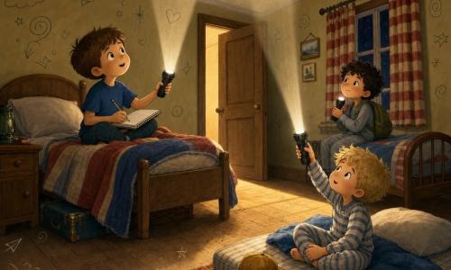 Three 6-year-old boys in a cozy, slightly old inn room: a short brown-haired boy in a blue t-shirt sits mid-left on a bed with a notebook and pencil, staring at a flashlight with wonder and focus; a messy blond boy in striped pajamas sits on a floor mattress to the right holding a small flashlight aimed at the ceiling, his yellow cap beside him on the rug; a curly black-haired boy in gray pajamas with a small green backpack on his shoulder sits near the window in the background, clutching a flashlight and smiling calmly toward the ajar door. The room has light worn wooden floors, red-and-cream striped curtains, pale yellow walls, two single beds with colorful covers, a small wooden bedside table and an open door letting a soft halo of corridor light in. The boys form a small circle of light: one flashlight casts a large white circle on the ceiling, the corridor nightlight creates a warm rectangle on the floor, and the room’s corners remain shaded but friendly, decorated with doodles like clouds, stars and smiles, giving a reassuring, adventurous atmosphere with warm colors and visible textures.