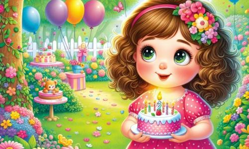 Uma menina de 2 anos, Mia, com grandes olhos brilhantes e cabelos cacheados, usa um vestido rosa com bolinhas brancas. Ela sorri com encanto, segurando um pequeno bolo de aniversário nas mãos. Ao lado dela, sua mãe, uma mulher de cerca de 30 anos, com cabelos longos e castanhos, usa uma blusa colorida e olha para Mia com ternura, segurando uma flor colorida. A cena acontece em um bonito parque, cheio de flores vibrantes e árvores verdes. Balões coloridos flutuam no ar, adicionando um toque festivo ao ambiente. Mia, cercada por sua mãe e amigos, está soprando as velas do seu bolo de aniversário, com um grande sorriso no rosto, enquanto todos aplaudem alegremente ao seu redor.