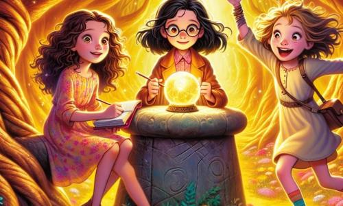 Three 10-year-old girls: Mira, with curly brown hair and a colorful dress, is sitting on a stone, her eyes sparkling with curiosity. Lila, with straight black hair and round glasses, is standing next to her, holding a notebook and pencil, ready to take notes. Zia, with messy blonde hair and a big smile, is joyfully jumping with her arms raised to the sky. They are in an enchanted clearing in the heart of the Whispering Woods, where tall, gnarled trees majestically rise, their leaves filtering the golden sunlight. Colorful flowers cover the ground, and an ancient stone pedestal topped with a glowing orb stands in the center, emitting a soft light. The main scene shows the three girls discovering the magical orb, curious and amazed, ready to ask questions about friendship, truth, and courage, while mysterious whispers rise from the surrounding trees, as if the forest itself is sharing its secrets with them.