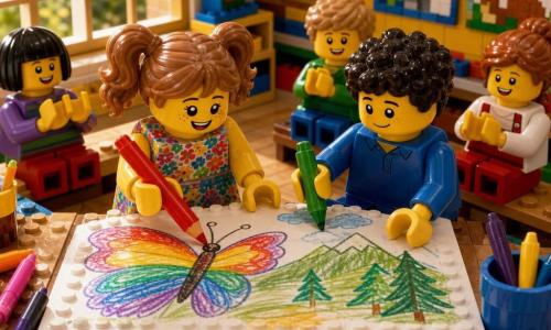 Menina de 6 anos, Clara, rosto sorridente e olhos brilhantes, cabelos castanho-claro em rabo de cavalo, veste um vestido florido e segura um grande lápis vermelho para desenhar uma borboleta multicolor; ao lado, menino de ~6–7 anos, Tomás, tímido porém feliz, pele clara e cabelos encaracolados escuros, veste azul e desenha montanhas verdes e árvores com lápis verde; ambos estendem as mãos sobre um grande desenho compartilhado na mesa, misturando borboletas e colinas, enquanto três colegas ao fundo, sentados em bancos, observam e aplaudem; cena numa sala de arte de pré-escola com mesa de madeira clara coberta de papéis, caixas de lápis e potes de aquarela espalhados e manchas de tinta, luz de sol quente entrando por uma grande janela com cortina às riscas, paredes de blocos tipo LEGO com cartazes de animais e alfabeto, atmosfera alegre e colaborativa, cores saturadas e textura de tijolos.