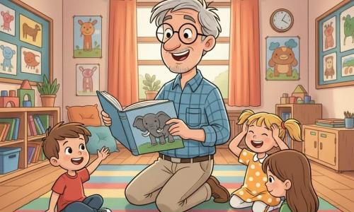Um professor ajoelhado mostrando um grande livro ilustrado com um elefante, sorriso largo, cabelo grisalho despenteado, óculos redondos, camisa azul xadrez e calças bege; à sua esquerda Tomás, cerca de 5 anos, cabelo castanho curto, camiseta vermelha, levanta a mão timidamente; à direita Matilde, cerca de 4 anos, cabelos loiros em rabo de cavalo, vestido amarelo com bolinhas brancas, imita um rugido com as mãos na cabeça; perto do tapete, Carolina, cerca de 5 anos, cabelos castanhos longos, suéter verde, segura um lápis e olha timidamente para seu desenho; sala de aula iluminada com paredes cheias de desenhos coloridos, prateleiras de madeira com livros, almofadas e blocos, grande tapete listrado multicolor no centro, pôsteres de animais e janela com luz da manhã; atmosfera acolhedora, crianças sentadas em círculo rindo e desenhando, cores vivas, traços suaves e formas arredondadas, luz morna matinal.