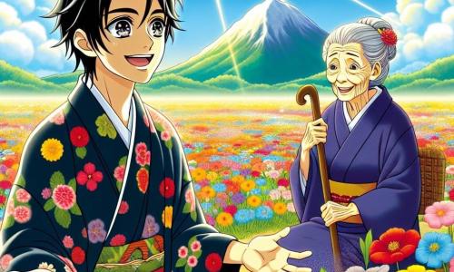 Haruto, um homem de cerca de trinta anos, tem cabelos negros e olhos cheios de curiosidade. Ele usa um quimono tradicional com padrões florais coloridos e um sorriso radiante ilumina seu rosto enquanto está no centro de um campo de flores vibrantes, com os braços abertos, maravilhado com a beleza ao seu redor. Ao seu lado, uma senhora sábia, de aproximadamente 70 anos, com cabelos prateados e um rosto enrugado mas sorridente, está sentada em uma pedra, cercada por flores. Ela olha para Haruto com benevolência, segurando uma bengala de madeira esculpida. O lugar é um magnífico campo ensolarado, salpicado de flores de todas as cores – vermelhas, amarelas, azuis e violetas – que dançam ao vento. Ao fundo, vê-se uma montanha majestosa, com seu pico envolto em nuvens brancas como algodão. A cena principal mostra Haruto, deslumbrado pela descoberta da flor mágica no centro do campo, enquanto o dragão guardião, pequeno e cintilante, se aproxima dele, pronto para fazer uma pergunta crucial sobre compartilhamento e generosidade.