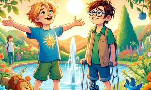 Em um lindo jardim colorido, dois meninos, Miguel e Tomás, estão no centro da cena. Miguel, de 10 anos, tem cabelos dourados que brilham como o sol e um sorriso radiante. Ele veste uma camiseta azul e um short verde, com os braços abertos, expressando seu encantamento. Ao seu lado, Tomás, também de 10 anos, tem cabelos castanhos e usa óculos. Ele se apoia em uma muleta, mas seu rosto irradia alegria e determinação. Ao redor, o jardim está cheio de flores vibrantes, árvores frutíferas carregadas de frutas suculentas e uma fonte de água cristalina no centro, onde um pássaro azul canta alegremente. Os dois amigos contemplam a beleza do jardim, percebendo que encontraram um lugar mágico para refletir sobre sua busca pela verdade. Seus rostos são iluminados pela luz do sol poente, simbolizando a sabedoria adquirida em sua aventura.