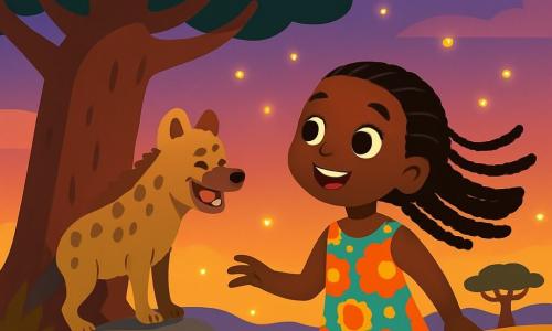 Amina, a young woman with a radiant smile and sparkling eyes, sits under a large baobab tree, her long braided hair gently swaying in the evening breeze. She wears a vibrant dress with colorful patterns, her face glowing with curiosity and wonder. Nearby, an old hyena with spotted fur and mischievous eyes, about 10 years old, stands on a rock, chuckling softly as he watches Amina with amusement. The sky is tinted with shades of orange and purple while stars begin to twinkle above the golden savanna, where the grass dances in the light breeze. Captivated by the whispers of the baobab, Amina rises, ready to follow the fireflies illuminating the path ahead, seeking to uncover the secret the wind has entrusted to her.