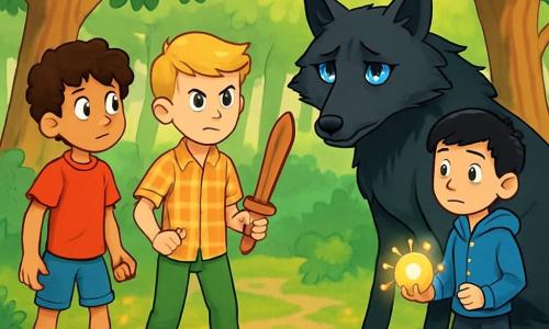Există 4 personaje: Doru, un băiat de 12 ani cu părul brun și creț, îmbrăcat cu un tricou roșu și o pereche de pantaloni scurți din denim, stând în stânga și privindu-l cu curiozitate pe lup; Vlad, un băiat de 12 ani cu părul blond și ochi strălucitori, purtând o cămașă cu carouri și pantaloni verzi, aflat în centru și ținând o sabie din lemn, pregătit să-și apere prietenii; Andrei, un băiat de 12 ani cu părul negru și neted, îmbrăcat cu un hanorac albastru și adidași, aflat în dreapta și ținând o amuletă strălucitoare; Marele Lup Negru, un lup impunător cu blană neagră și lucioasă, cu ochi de un albastru profund, stând în mijlocul scenei și privindu-i pe băieți cu o expresie amenințătoare dar tristă. Locul este o poiană fermecată, înconjurată de copaci mari cu trunchiuri groase și frunze verzi strălucitoare, iar lumina soarelui filtrează printre crengi, creând modele aurii pe solul acoperit de mușchi. Situația principală arată cei patru băieți față în față cu lupul, cu o tensiune palpabilă în aer; Doru și Andrei privesc lupul cu o combinație de frică și curiozitate, în timp ce Vlad este pregătit să-și apere prietenii, ridicându-și sabia din lemn. Lupul, deși amenințător, pare și vulnerabil, creând un contrast între curajul copiilor și tristețea lupului.