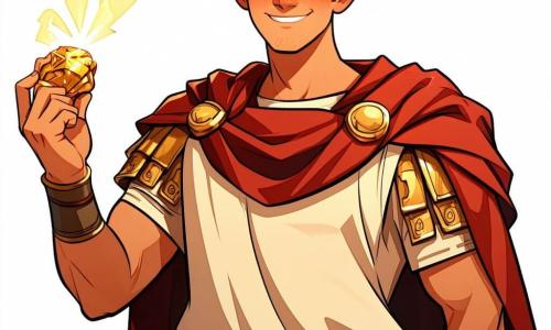 Lucius Valerius Maximus, een jonge man van ongeveer 20 jaar, heeft een vastberaden blik en een ondeugende glimlach. Hij draagt een beige Romeinse tuniek versierd met gouden motieven en een rode mantel die achter hem wappert. In zijn hand houdt hij een kleine gouden les, de beroemde Lepel de Luctus, terwijl hij in een heroïsche houding staat, klaar om zijn geheim te verdedigen. Naast hem staat Gaius, zijn beste vriend, een stevige man van ongeveer 25 jaar met rommelige bruin haar en een wat onhandige uitstraling. Hij kijkt om zich heen met grote ogen van opwinding en bezorgdheid, draagt een gladiatorenuitrusting en houdt zijn zwaard vast, klaar om te vechten, maar met een amuserende glimlach op zijn gezicht. Vibia, een mysterieuze vrouw van ongeveer 30 jaar in een zwevende paarse jurk, staat iets op de achtergrond. Haar blik is doordringend en ze heeft een kleine draak op haar schouder die een zachte gloed uitstraalt. Ze lijkt geconcentreerd, klaar om haar magie te gebruiken om Lucius te helpen. De scène speelt zich af in de grote hal van het badhuis van Augustus, met witte marmeren zuilen, kleurrijke mozaïeken op de vloer en standbeelden van Romeinse goden die de scène lijken te observeren. Schaduwen dansen om hen heen, wat een zowel magische als mysterieuze sfeer creëert. Lucius, Gaius en Vibia zijn verwikkeld in een confrontatie met een mummie die hen bedreigt, terwijl soldaten van Caesar de hal binnenstormen. De spanning is tastbaar, maar humor en vriendschap zijn ook aanwezig, waardoor de scène zowel dramatisch als amusant is.