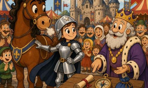 Eine junge Ritterin steht zentral, lächelnd und entschlossen, mit leuchtenden Augen, silbern glänzender Rüstung und kleinem Stern am Helm, dunklem Mantel im Wind, die Hand auf der Kruppe ihres Pferdes und den Blick zum Horizont gerichtet; links von ihr ein großes, sanftes, glänzend braunes Pferd mit lockiger Mähne, spitzen Ohren und leisem Schnaufen in ihrer Höhe; rechts ein barttragender König (~60) in purpurnem, goldverziertem Gewand, der mit wohlwollendem, aufmerksamem Blick auf drei Gegenstände auf einem Holztisch zeigt; im Hintergrund eine gemischte Dorfbewohnermenge mit fröhlichen, klatschenden Silhouetten auf dem Marktplatz; Schauplatz: großer gepflasterter Platz mit roten und blauen Flaggen, bunten Zelten und in der Ferne einem mehrturmigen Steinschloss unter klarem Himmel; Situation: die Ritterin ist gerade zur Quest angekommen, stolz und bereit aufzubrechen, Atmosphäre von Aufregung und Geheimnis, klare, zentrierte Komposition, kräftige, kontrastreiche Farben sowie runde Linien und einfache Silhouetten im kindlichen Stil.