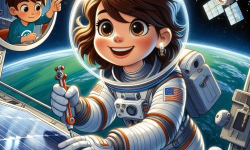 Emilia, un'astronauta coraggiosa, fluttua nello spazio, indossando una tuta spaziale bianca e argentata, con i capelli castani che fluttuano attorno al suo viso sorridente e meravigliato. Tiene un attrezzo in mano, esaminando un pannello solare della stazione spaziale, i suoi occhi brillano di curiosità ed eccitazione. Nei pressi, Leo, un ragazzo di circa 8 anni, osserva la scena attraverso uno schermo di controllo nella stazione, i suoi grandi occhi rotondi pieni di ammirazione. Ha i capelli castani e indossa una maglietta blu con un razzo disegnato sopra, mentre indica l'immagine di Emilia sullo schermo. La scena si svolge nell'immensità dello spazio, con la stazione spaziale Stellaris sullo sfondo, illuminata da stelle scintillanti e la Terra blu e verde che galleggia in lontananza, creando un magnifico contrasto con il profondo nero dell'universo. Emilia lavora sui pannelli solari, fluttuando nello spazio senza gravità, mentre Leo, meravigliato, segue le sue avventure a distanza, sognando di diventare anche lui un astronauta.