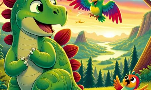 Un joven estegosaurio llamado Esteban, con piel verde y placas óseas en forma de escudos en su espalda, expresa gran curiosidad y alegría mientras explora un hermoso paisaje. A su lado, un pequeño pájaro colorido llamado Pablo, con plumas rojas y amarillas, vuela alegremente a su alrededor, cantando y picoteando bayas. Al fondo, un pequeño dragón de escamas brillantes y ojos chispeantes, llamado Drago, se divierte escupiendo pequeñas llamas, creando una atmósfera lúdica. La escena tiene lugar en la cima del Cerro Alto, un lugar que domina el valle, donde grandes árboles de hojas exuberantes se extienden hasta donde alcanza la vista, y un cielo vibrante de colores cálidos se tiñe de rosa y naranja al atardecer. Esteban, Pablo y Drago están juntos, riendo y jugando, compartiendo un momento de felicidad y amistad en el corazón de este valle mágico poblado de dinosaurios.