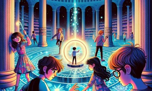 En el centro de la escena, cinco niños están en una amplia sala circular. A la izquierda, **Álex**, un chico de 11 años con el cabello castaño desordenado y ojos brillantes, observa con curiosidad un orbe luminoso flotante. A su derecha, **Luna**, una niña de 11 años con cabello largo y ondulado, vestida con un vestido colorido, extiende la mano hacia el orbe, fascinada por su luz. Justo detrás de ellos, **Mateo**, un chico de 11 años con gafas redondas y una tableta en las manos, busca información en una pantalla. Al lado de él, **Sara**, una niña de 11 años con cabello corto y gafas, se inclina para estudiar símbolos mágicos grabados en el suelo. Finalmente, al fondo, **Nico**, un chico de 11 años con cabello rubio y aspecto soñador, se comunica con una planta luminosa cerca de una columna.

La sala es inmensa, con columnas que parecen árboles petrificados y un suelo de mosaico con símbolos brillantes. En el centro, un orbe de luz pulsante emite destellos coloridos, creando una atmósfera mágica y misteriosa. Los niños están en plena acción, intentando restablecer el equilibrio entre la magia y la tecnología, mientras el orbe comienza a vibrar intensamente, iluminando la habitación con un resplandor brillante.