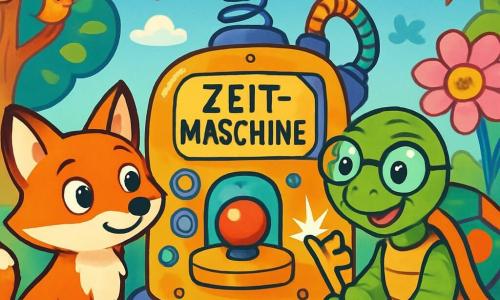 Im Zentrum des Bildes schaut ein kleiner roter Fuchs mit glänzenden, neugierigen Augen namens Finn mit Staunen auf eine große Zeitmaschine, seine Ohren aufgerichtet und sein Schwanz um ihn gewickelt. Neben ihm lächelt eine alte, weise Schildkröte mit einem bunten, gemusterten Panzer und runden Brillen, Professor Schildkröte, stolz, während sie einen großen, funkelnden Schlüssel hält, ihre Augen strahlen vor Freundlichkeit. Die Szenerie ist ein magischer Park mit bunten Baumstämmen, riesigen Blumen und zuckerförmigen Wolken im strahlend blauen Himmel. Im Hintergrund beobachten neugierige Waldtiere, wie singende Vögel und schelmische Eichhörnchen, die Szene. Finn und Professor Schildkröte stehen vor der Zeitmaschine, bereit, den großen roten Knopf zu drücken, um ein fantastisches Abenteuer durch die Zeit zu beginnen.