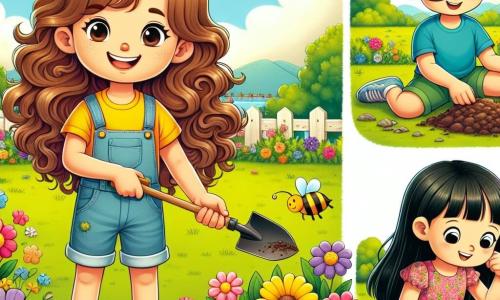 Una niña de 8 años, llamada Vera, con largos cabellos castaños rizados y una gran sonrisa, está plantando flores coloridas en un parque soleado. Lleva una camiseta amarilla brillante y un short de mezclilla, sus manos están llenas de tierra y mira con asombro una abeja que vuela cerca de ella. A su lado, Marco, un niño de 8 años con cabello corto y castaño y gafas, está cavando un agujero con una palita. Lleva una camiseta azul y un short verde, y sonríe mientras mira a Vera. Lucía, una niña de 7 años con cabello lacio y negro, está sentada en la hierba, decorando una mariposa de papel con marcadores de colores. Lleva un vestido rosa con flores y parece concentrada en su obra. El lugar es un parque verde, lleno de flores brillantes, árboles majestuosos y un cielo azul claro con nubes blancas esponjosas. Risas de niños resuenan en el aire y mariposas bailan alrededor de las flores. La situación principal muestra a Vera y sus amigos plantando flores para celebrar la primavera, divirtiéndose y aprendiendo sobre la naturaleza en un ambiente alegre y colorido.