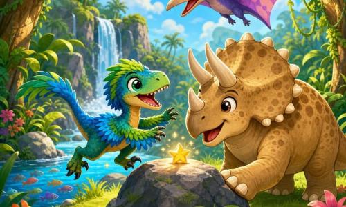 Mały welociraptor Riku, radosny i zachwycony, skacze z szerokim uśmiechem, błyszczące zielono-niebieskie pióra, okrągłe błyszczące oczy, cienkie łapy i miękkie pazury, wyciąga łapę do drobnej migoczącej gwiazdki na dużym głazie. Tobi, triceratops, spokojny i zadowolony, stoi obok głazu, masywne ciało o beżowej skórze z ciemniejszymi plamami, trzy zaokrąglone rogi, patrzy na gwiazdkę uśmiechając się i opiera łapę na ziemi jakby chroniąc przyjaciół. Lila, pterozaur, żywa i ciekawa, leci nad trójką, szerokie skrzydła w fioletowo-różowe wzory, błyszczące oczy, obserwuje scenę z nieba rzucając miękki cień na polanę. Scena w słonecznej polanie w bujnej dżungli: wysoka zielona trawa, kolorowe kwiaty, grube pnie drzew, wiszące liany, rzeka z kolorowymi rybkami i mały wodospad w tle. Główna sytuacja: trzy dinozaury znalazły małą magiczną gwiazdkę na centralnym głazie; ciepła atmosfera, żywe kolory, wyraźne kontrasty, proste zaokrąglone kształty w przyjaznym dziecięcym stylu.
