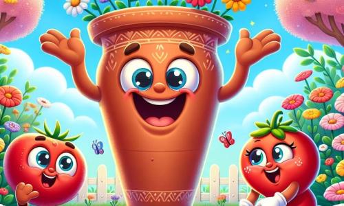 Valentino, un grande vaso di terracotta sorridente, è al centro dell'immagine, con le braccia aperte e un'espressione gioiosa, circondato da fiori colorati che iniziano a sbocciare. Alla sua destra, Mario il Pomodoro, un pomodoro rosso con occhi scintillanti, sta scavando il terreno con entusiasmo, mostrando un grande sorriso. Alla sua sinistra, Bianca la Margherita, una bella margherita con petali bianchi e gialli, si piega per sistemare i fiori, il suo volto radioso di felicità. Sullo sfondo, il giardino è illuminato dalla luce primaverile, con alberi in fiore, farfalle che svolazzano e un cielo azzurro chiaro. La scena mostra Valentino e i suoi amici intenti a preparare il giardino per la festa della primavera, pieni di energia ed eccitazione.