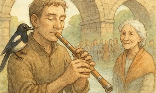 Jin, un uomo di mezza età con occhi gentili e mani piene di calli, è seduto tranquillamente sotto un'arcata del vecchio ponte di pietra, tenendo un flauto di legno e argento, un'espressione di dolce determinazione sul volto. Accanto a lui, Bibi, una gazza birichina, è appollaiata sulla sua spalla, le sue piume nere e bianche brillano sotto la luce del sole. Nonna Yeon, una donna anziana con capelli bianchi come la neve, sta nelle vicinanze, un sorriso benevolo sul volto, osservando Jin con orgoglio. Il ponte di pietra, maestoso e antico, si estende sopra un fiume scintillante, le sue arcate formano ombre danzanti sull'acqua. La scena principale mostra Jin che suona il flauto, una melodia dolce sembra fluttuare nell'aria, mentre gli abitanti del villaggio su entrambe le rive si radunano, ascoltando con meraviglia, unendo le mani in segno di pace ritrovata.