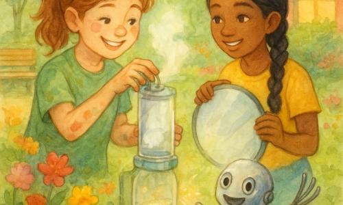 Lila, about 12, a determined young inventor with light brown hair tied with a ribbon, paint- and oil-stained fingers and round glasses on her forehead, adjusts a small transparent device that emits a soft mist while Maya, about 12, helpful, with black braided hair, holds a silver reflector sending light to the machine; Gizmo, a small joyful metal robot shaped like a whisk, rolls in the foreground waving a whisk-arm and throwing friendly sparks; in a sunny university garden of colorful flowerbeds, red brick walls and a large round window letting in a golden beam, their 